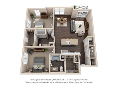 Floor plan for 2 beds, 2 baths, 1209 sqft